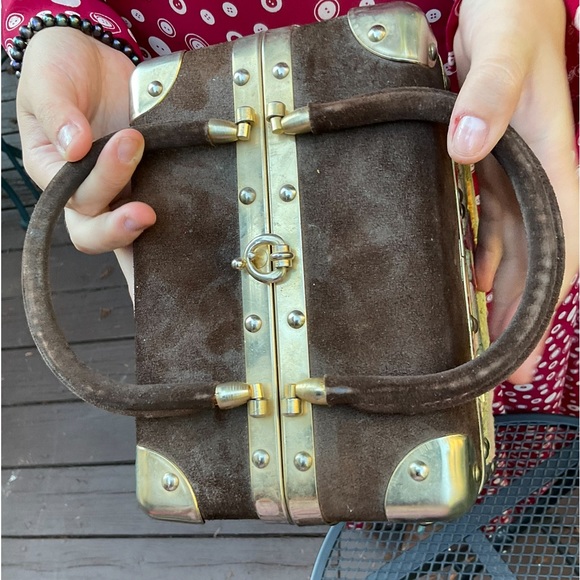 Vintage brown floral brocade tapestry brass hardware box purse handels - Picture 4 of 14